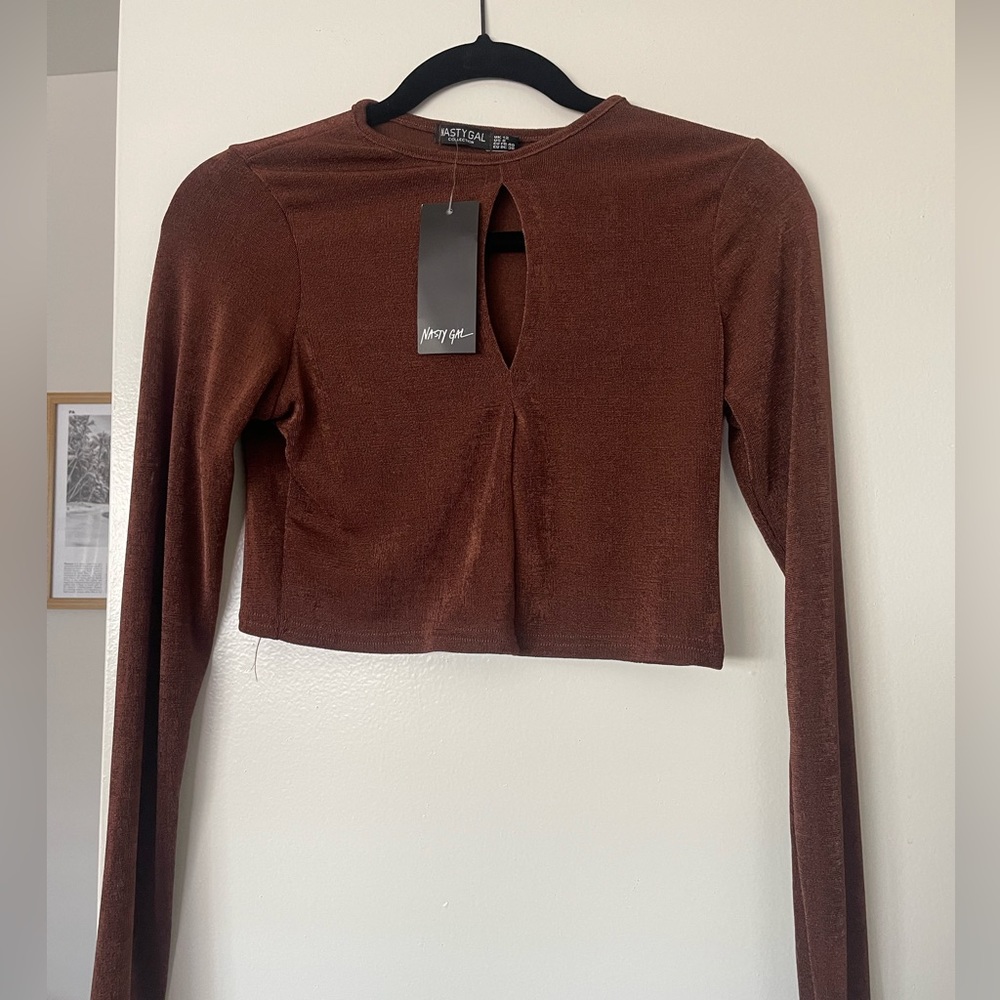 Brown sparkly peephole top, long sleeve crop, new with tags